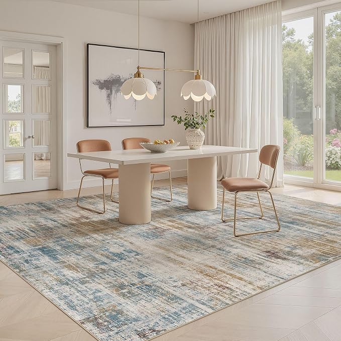 UERMEI 8x10 Washable Area Rug for Living Room: Modern Neutral Abstract Large Soft Low Pile Carpet Non-Slip Pet Kids Friendly Indoor Decor for Bedroom Dining Room Home Office Nursery Blue Brown