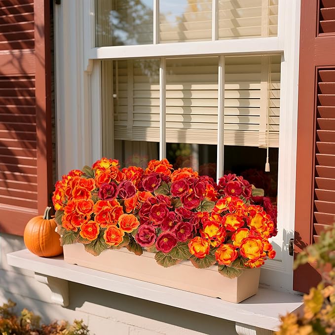 Ammyoo Fake Fall Flowers Artificial for Outdoors Decoration, 6 Bundles Faux Geranium Silk Flower Outside UV Resistant No Fade Artificial Floral for Home Garden Balcony Indoor Table Centerpieces Decor