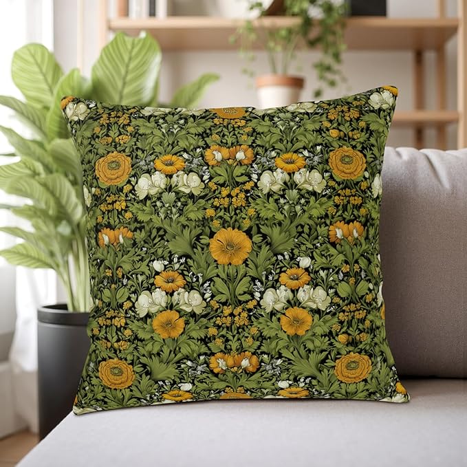 Dark Green Plant Floral Pillow Covers 16x16 Sage Green Botanical Throw Pillow Covers Fern Leaf White Orange Flowers Pillowcase Vintage Wildflower Cushion Case for Couch Sofa 2 Pack
