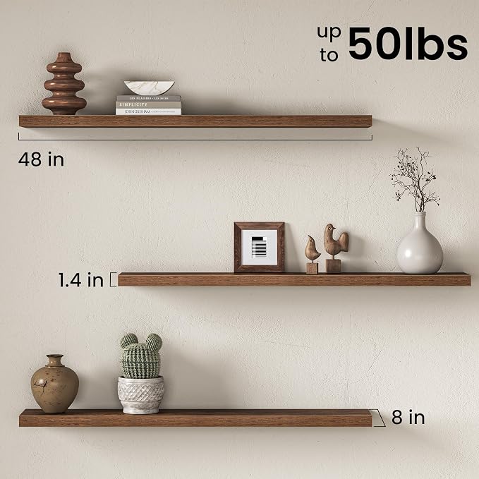 Fun Memories 48 Inch Floating Shelves for Wall 8 Inch Deep Rustic Brown Shelves Set of 2, Wall Mounted Rustic Wood Long Floating Shelf, Large Display & Storage Shelf with Invisible Brackets