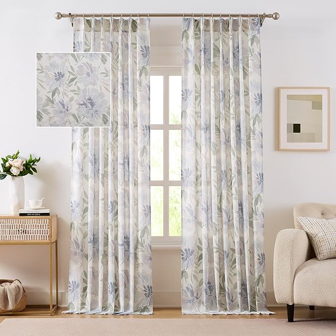 Kayne Studio Pinch Pleated Light Filtering Curtains Floral Semi Sheer Drapes for Living Room Bedroom 95 Inches Long Blue Flower Printed Botanical Pattern Back Tab Window Treatment Set,40"x95",2 Panels