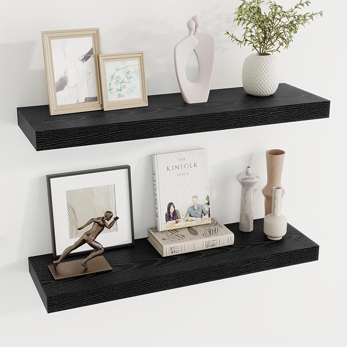 Dreamland 30Inch Black Floating Shelves 8" Deep Wall Mounted Set of 2 | Wall shelves for bathroom, bedroom, Living Room, kitchen, deep wall mount wood storage display for home decor 30" x 8"