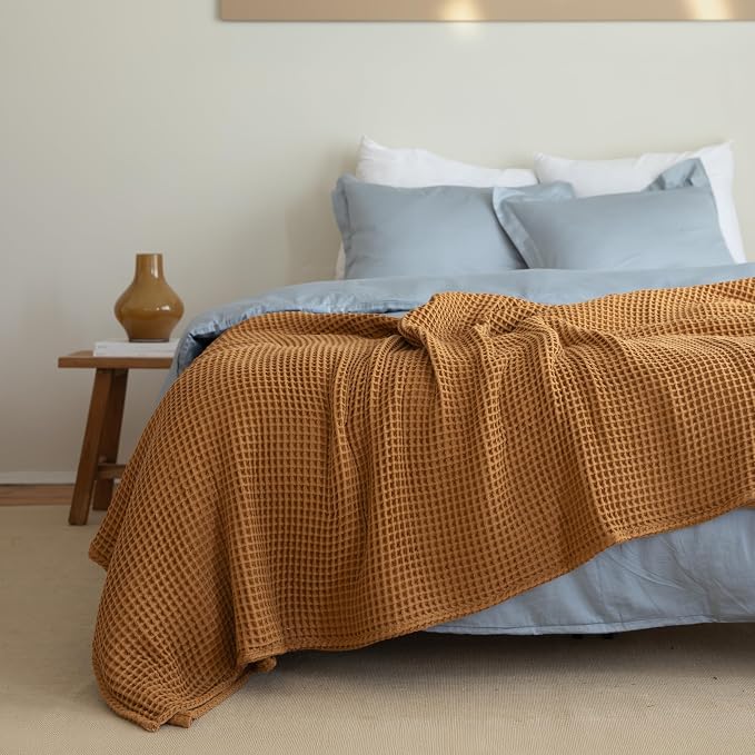 100% Turkish Cotton Throw Blanket King Size Caramel - Premium Quality, Light and Airy Waffle Weave All-Season Quilt - Lux Decorative Bedspread (Caramel, King Size 95" x 110" Inch)