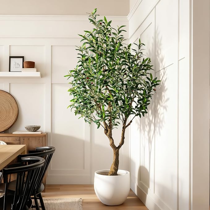 Erimda 6FT Faux Olive Tree with Tall Exquisite Planter Artificial Olive Tree Tall, Potted Fake Olive Plant with 1260 Real Touch Leaves, Indoor Outdoor Home Garden Office Decor
