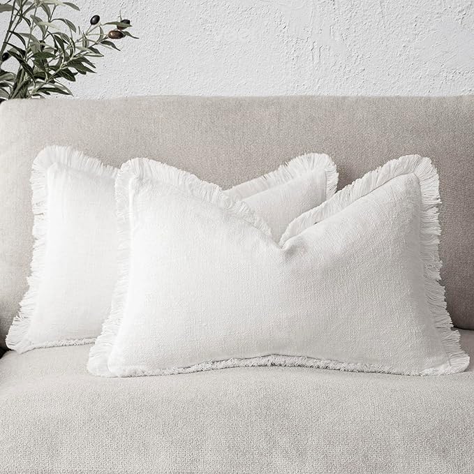 Foindtower Set of 2 Decorative Linen Fringe Throw Pillow Covers Cozy Boho Farmhouse Cushion Cover with Tassels Soft Accent Pillowcase for Couch Sofa Bed Living Room Home Decor,12×24 Inch,White