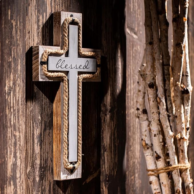 OKSQW Wall Wooden Cross with Wooden Base Christians Crosses Spiritual Religious Cross Christmas Wall Hanging Handmade Wood Hemp Rope & Blessed Design for Church Home Room Décor Wood Crucifix Gift