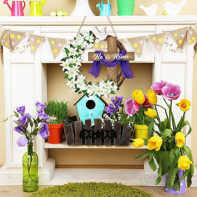 He is Risen Easter Decoration Wooden Wreaths for Front Door Sign Cross Sign Door Wall Signs, Christian Jesus Lily Flowers Ornaments Hanging Crafts for Spring Home Farmhouse Party Porch Decor