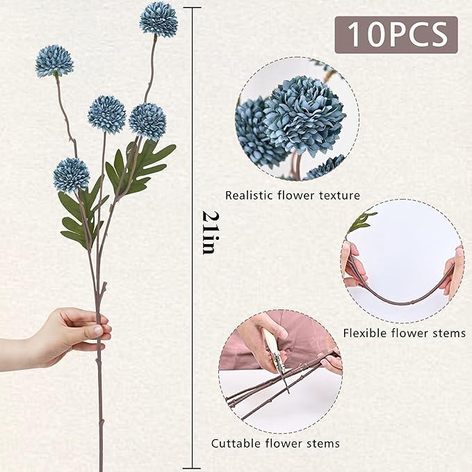 Waipfaru 10pcs Fake Silk Pompon Mum Artificial Flowers, Bulk Faux Mini Chrysanthemums, for Centerpieces Wedding Fillers Champagne Arrangements Shower Decorations, Blue