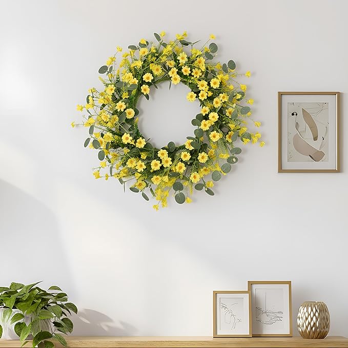 Pinkpum 22 Inch Yelllow Daisy Eucalyptus Wreath, Artificial Spring Summer Floral Wreath for Front Door, Farmhouse Wedding Wall Window Decor