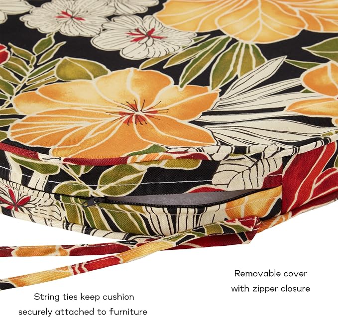 Set of 2 Outdoor 18 inch Round Patio Dining Chair Pads – Comfortable Fiber-Filled Seat Cushions with Ties, Reversible Polyester Fabric, Aloha Black Floral