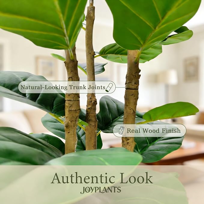 6ft Fake Fiddle Leaf Fig Tree, Realistic Fake Plants with Natural-Looking Trunk, Evergreen Faux Plants Indoor for Home & Office Decor（3 Poles, Black Pot）
