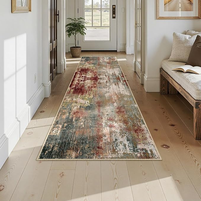 RELEANY Washable Area Rugs 2'6''x10 Non-Slip Modern Abstract Soft for Living Room Entryway Bedroom Nursery, Print Pattern, Brown Rust Red Green Blue Multi