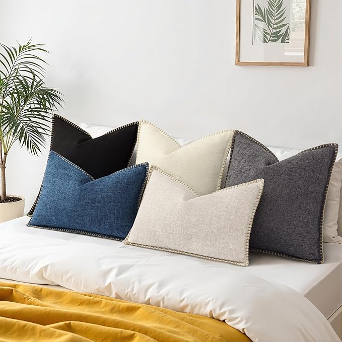 decorUhome Summer Decorative Throw Pillow Covers 12x20 Set of 2 Lumbar Faux Linen Outdoor Neutral Farmhouse Pillow Covers with Stitched Edge for Couch Sofa Living Room, Beige