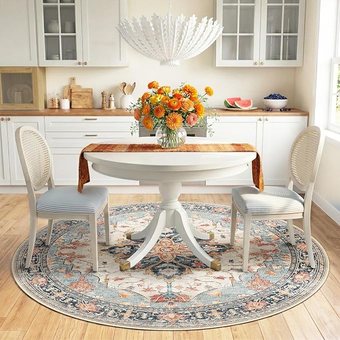 RELEANY Area Rugs 6ft Washable Non-Slip, Floral Vintage Distress Print Pattern Medallion Carpet for Living Room Bedroom Dining Room, Beige Navy Blue Orange Colorful