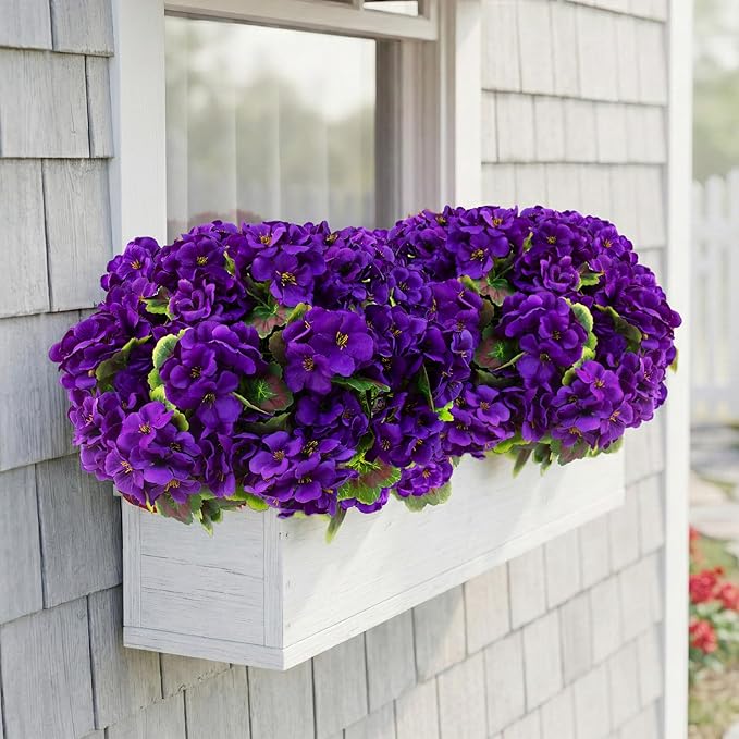 lovemoon 8 Pcs Artificial Geranium Plant Realistic Silk Flowers for Outside UV Resistant Faux Geraniums Flowers for Indoor Outdoor Home Garden Office Decoration (8, Purple)