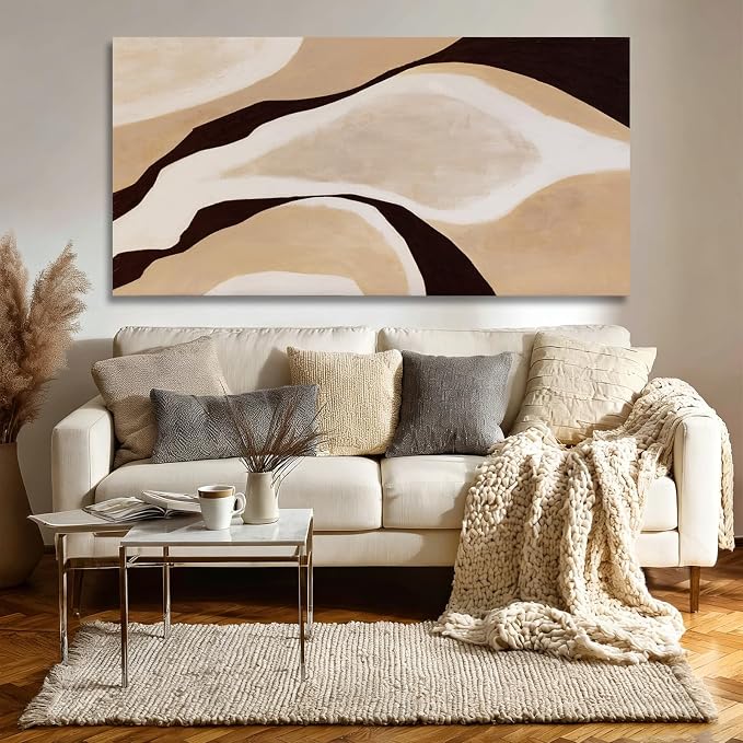 Dolidoteart Beige Brown White Black Canvas Wall Art, Large Neutral Abstract Wall Art Print for Bedroom, Modern Horizontal Wall Decor for Living Room, 24x48 Inch