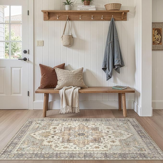 Tortania Area Rug Living Room Rugs - 3x5 Washable Rug Vintage Oriental Distressed Farmhouse Small Thin Indoor Carpet for Living Room Bedroom Under Dining Table Home Office - Greige