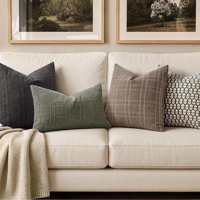 MIULEE Decorative Linen Check Throw Pillow Covers Neutral Farmhouse Vintage Pillow Covers 20x20 Set of 2 Boho Modern Winter Home Decor for Sofa Couch Bedroom Cushion Taupe