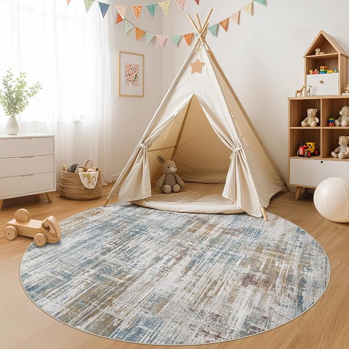 UERMEI 6ft Round Area Rug for Living Room: 6x6 Washable Neutral Abstract Modern Soft Circle Rugs Non Slip Indoor Floor Stain Resistant Carpet for Bedroom Dining Room Office Nursery Blue Brown