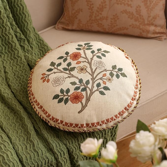 ISAENNE Designer Elegant Linen Throw Pillow Cover,Diameter 16"-Flora B | Vintage French Round Decor Pillow Cover,Concealed Zipper Design,Floral Pattern,Sofas,Bedroom,Living Room,Lounge Chairs