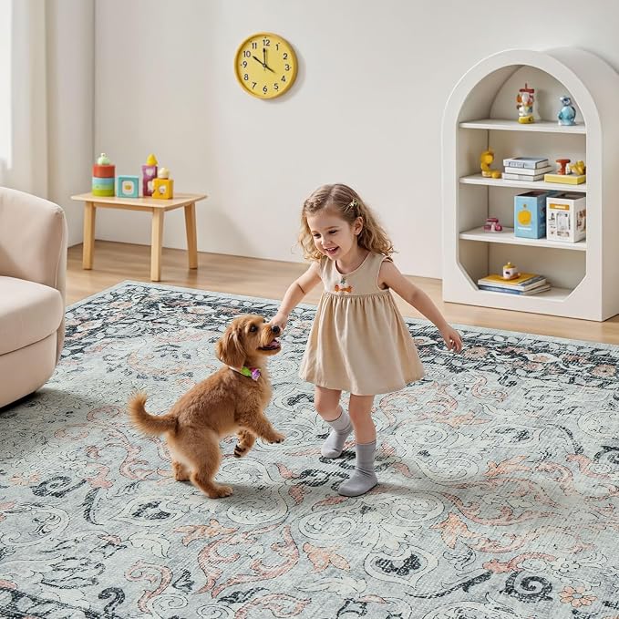 Lofus 9x12 Area Rug for Living Room,Distressed Grey Washable Area Rugs with Non-Slip Backing,Soft Boho Carpets for Bedroom Dining Room Home Office Indoor Nursery
