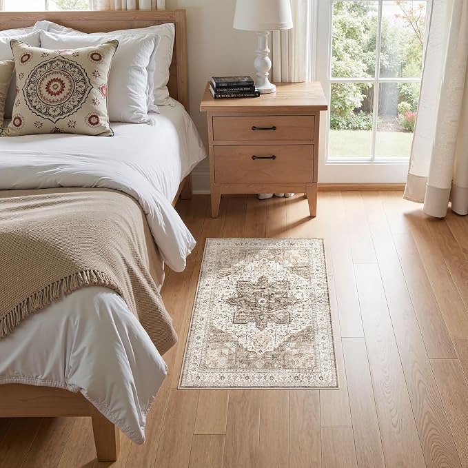 Tortania Area Rug 2x3 Doormat - Washable Vintage Oriental Farmhouse Soft Thin Indoor Carpet for Living Room Bedroom Hallway Entryway Kitchen - Brown