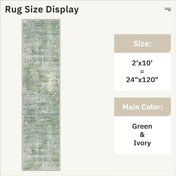 Soalmost Runner Rug 2x10 Washable Non-Slip Hallway Runner Rugs for Kitchen Bathroom Laundry Room Green/Ivory Vintage Floor Carpet Runners for Hallways Entryway