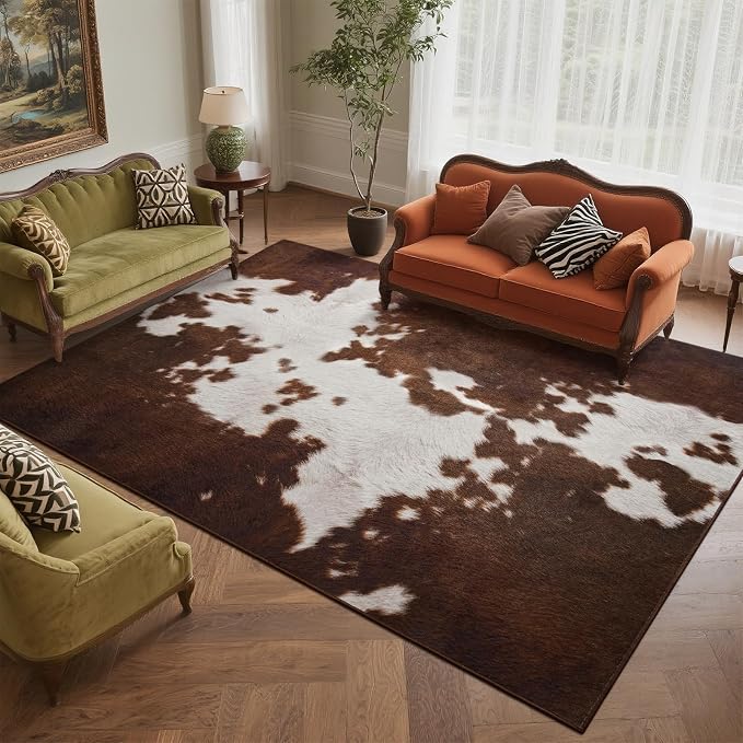 DweIke Cow Print Rugs for Living Room, 6x9 Large Soft Faux Animal Cowhide Area Rug, Washable Non-Slip Stain Resistant Throw Carpet for Dining Room Office Western Home Decor, Red Brown
