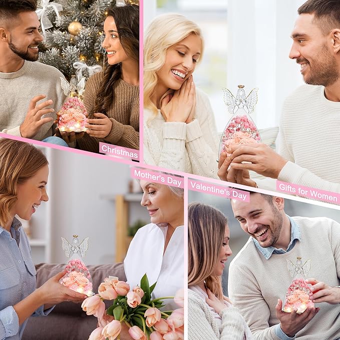 Mothers Day Rose Gifts for Women Preserved Real Flower in Glass Angel Figurines Roses for Delivery Prime Birthday Gifts for Mom Grandma Girlfriend Wife Her, Champagne