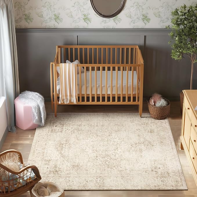 Machine Washable Rugs for Living Room: 5x7 Area Rugs for Bedroom Ultra Soft Non-Slip Low Pile Vintage Distress Boho Large Carpet for High-Traffic Dining Room - Farmhouse Decor