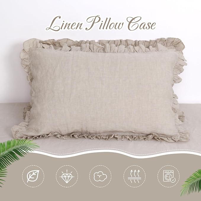 Natural Linen Pillow Shams, Ruffled Decorative Boho Pillow Cases (King Size - 20''x40'')