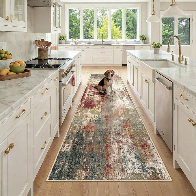 RELEANY Washable Area Rugs 3x9 Non-Slip Modern Abstract Soft for Living Room Entryway Bedroom Nursery, Print Pattern, Brown Rust Red Green Blue Multi