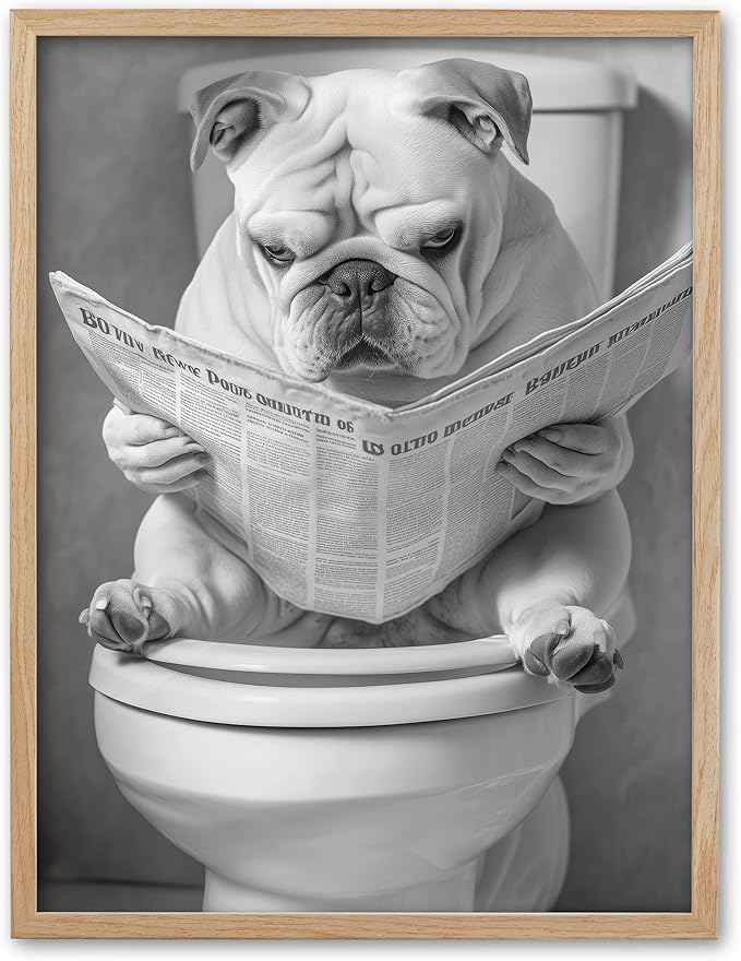 UPWOIGH Funny French Bulldog Oak Framed Canvas Wall Art, 12x16in Black and White Bathroom Humor Print, Modern Minimalist Dog Poster Wall Decor for Restroom or Kids Room, Funny Dog Lovers Gift,1Pack