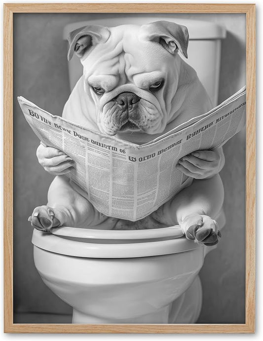 UPWOIGH Funny French Bulldog Oak Framed Canvas Wall Art, 12x16in Black and White Bathroom Humor Print, Modern Minimalist Dog Poster Wall Decor for Restroom or Kids Room, Funny Dog Lovers Gift,1Pack