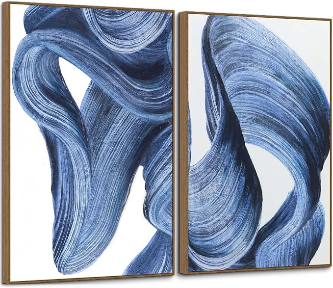 Zessonic Blue Abstract Wall Art Set of 2- Framed Twist Stroke Minimalist Graffiti on White Background Modern Canvas Artwork for Living Room, Bedroom, Office Decor, 16 x 24 Inches x 2