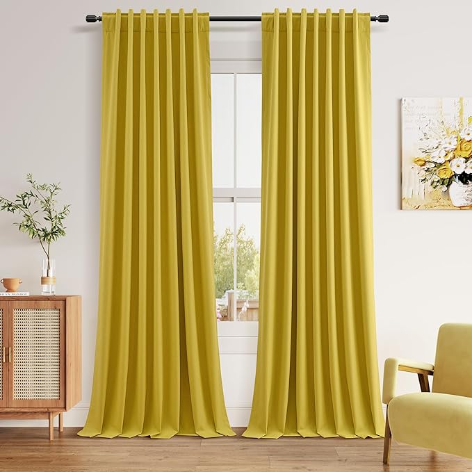 Guken 100% Blackout Curtains 108 Inch Length 2 Panels Set for Living Room Bedroom Back Tab Thermal Insulated Black Out Linen Drapes Room Darkening Celery Yellow,52x108