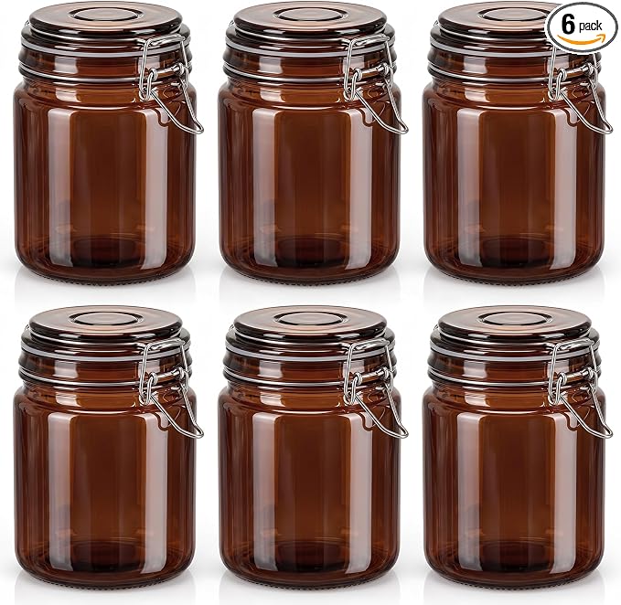Norme 6 Pack 16oz Amber Airtight Glass Jars with Lids, Cylinder Food Storage Container Airtight Food Wire Clip Fastening for Sauerkraut Flour Kitchen Sugar Cereal Kitchen Canning Pickling Mason Jars