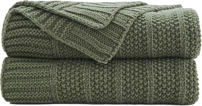 Douceur Olive Green Throw Blanket for Bed, Soft Cozy Lightweight Stripe Pattern Knitted Throw Blanket for Sofa, Kids Room, Living Room, 60"X80"
