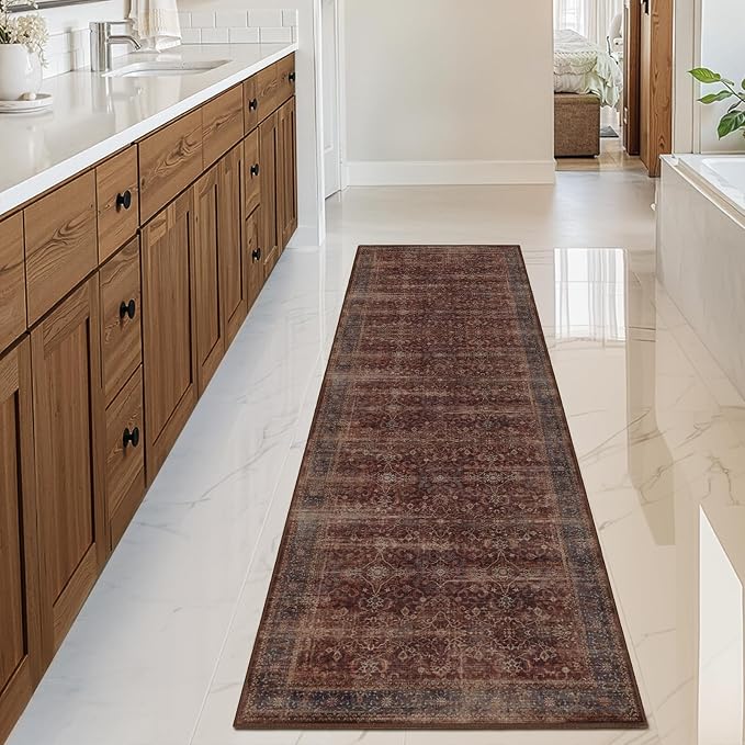 Brick Red 2x7 Hallway Runner Rug Non Slip, Vintage Farmhouse Dark Entryway Rugs for Inside House Mudroom, Ultra Thin Print Kitchen Runners Non Skid Washable, Carpet Runner for Bathroom Bedroom