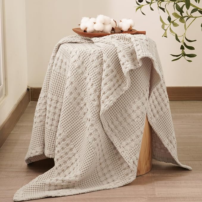 PHF 100% Cotton Waffle Throw Blanket for Couch, Lightweight Breathable and Soft for Summer, Luxury Aesthetic Waffle Weave Blanket for Home Decor & Office, Gifts for Women, 50"x60", Light Taupe/Oatmeal