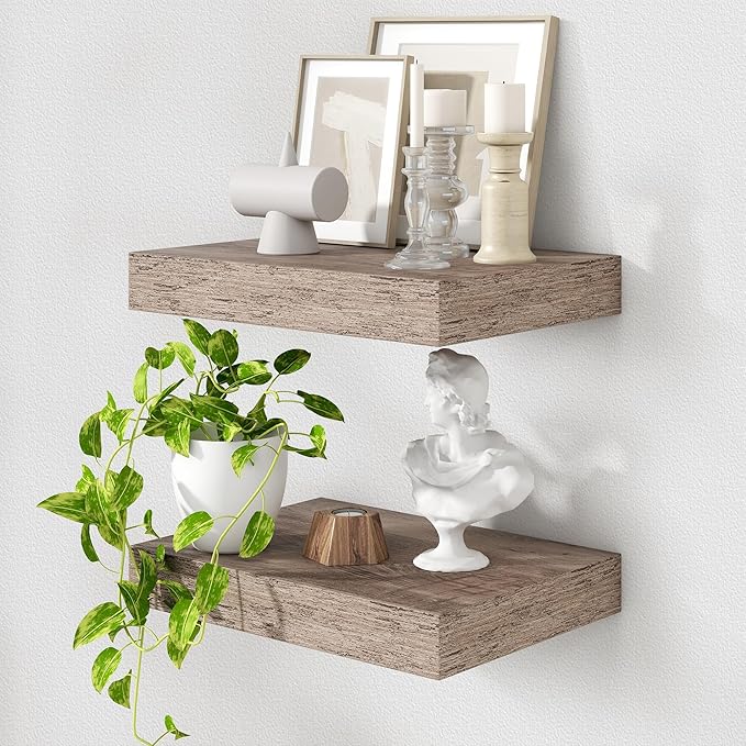 FLYJOE 12 Inch Deep Floating Shelves, 16'' Grey Floating Shelves Set of 2 | 12'' Deep Shelves for Wall, 16'' x 12'' Rustic Grey Wood Shelves for Farmhouse Living Room Bathroom Kitchen Laundry Room