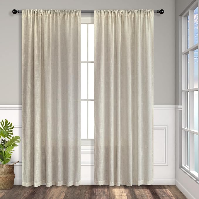 Beige Curtains 72 Inch Length for Living Room 2 Panels Set Back Tab Rod Pocket Light Reducing Semi Sheer Flax Linen Curtains for Bedroom Sack Tweed Crude Country Farmhouse Decor 52x72 Inches Long