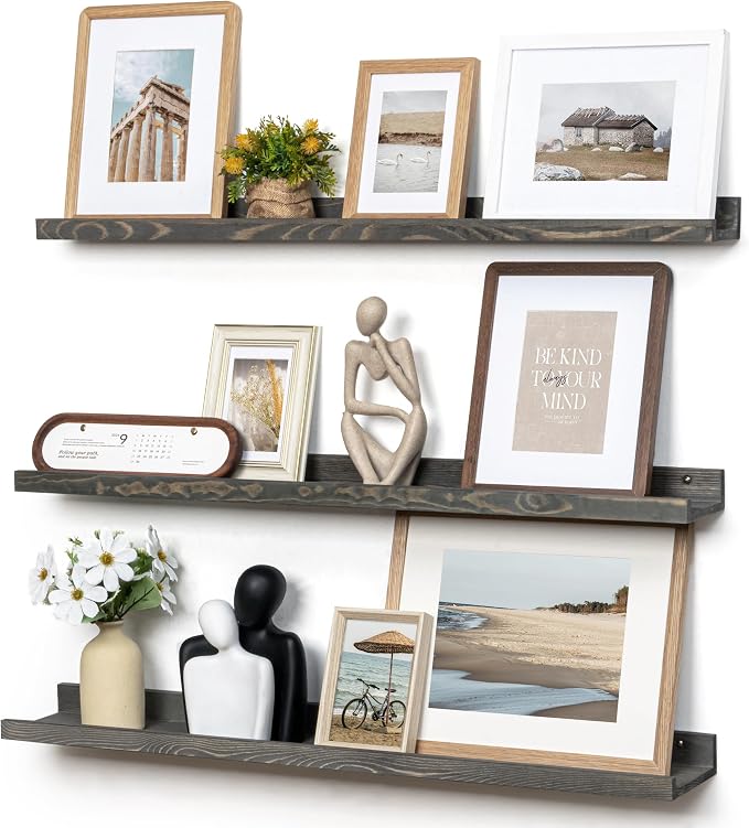 FLYJOE Picture Ledge Wall Shelves - 36 Inch Width Set of 3, Solid Pine Wood Rustic Floating Ledge Shelves for Kids' Room, Bedroom, Kitchen, Bathroom, Living Room, Nursery Display Wall Decor, Grey
