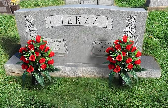 LVXINLI 2 Sets Artificial Cemetery Flowers,Outdoor Grave Decorations Roses,Beautiful Arrangements Bouquet with Cemetery Vase,Lasting and Non-Bleed Colors (Red)