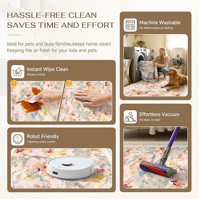3x3 Washable Area Rug for Entryway Beige Pink Floral Abstract Soft Throw Rug Modern Non Slip Low Pile Small Carpet for Kitchen Bathroom Living Room Bedroom