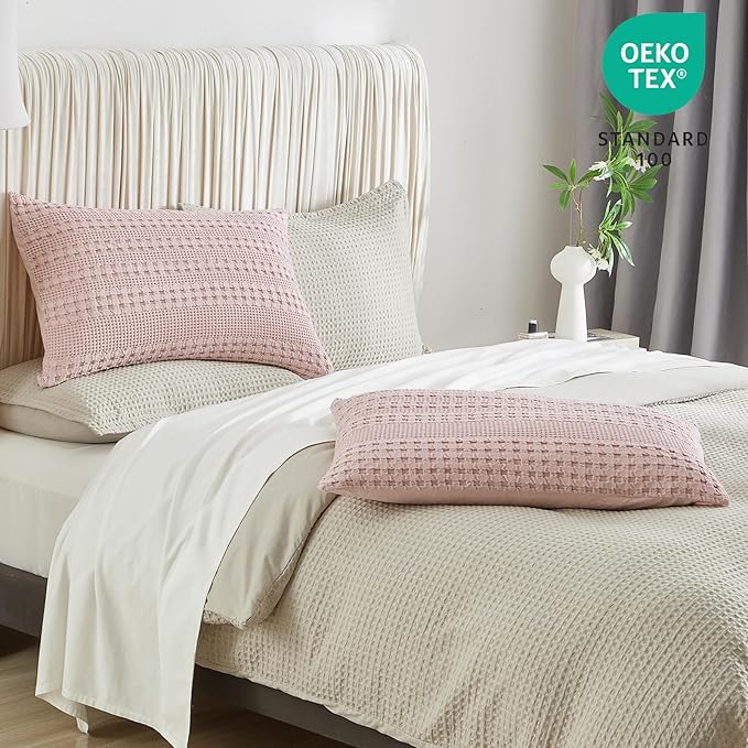 PHF 100% Cotton Waffle Pillow Shams Standard Size, 2 Pack 20" x 26" Soft Skin-Friendly Pillowcases, No Filling, Aesthetic Woven and Breathable Waffle Weave Pillow Case Covers for Bed, Pink