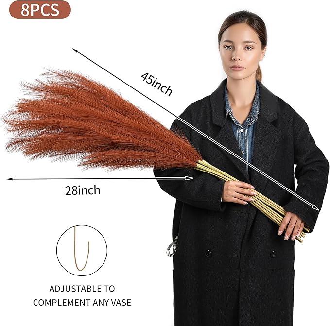 Wertuirk Burnt Orange Pampas Grass, 8 Pcs 45 Inch Tall Large Faux Pompous Grass, Long Artificial Flowers for Floor Vase, Wedding, Party, Baby Shower, Farmhouse and Fall Decor (Burnt Orange)