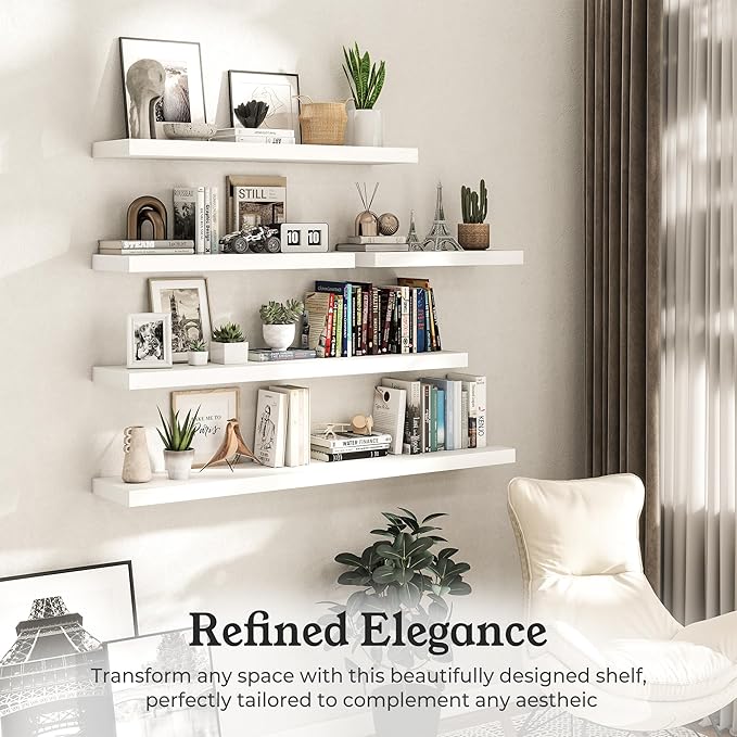 Floating Shelves for Wall, 9.3" Deep Wall Mounted Wood Shelves for Bathroom, Bedroom (White, 55)