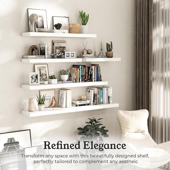 Floating Shelves for Wall, 9.3" Deep Wall Mounted Wood Shelves for Bathroom, Bedroom, Living Room, Kitchen, Hanging Shelf for Books/Storage/Room Decor (White, 48")