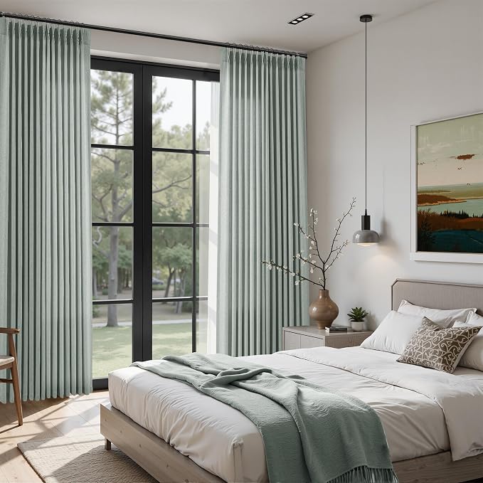 Guken Desert Sage Pinch Pleated Linen Curtains 90 Inches Long Farmhouse Country Semi Sheer Textured Linen Blended Light Filtering Curtain for Living Room Bedroom Pleated Drapes with Hooks Rings 40x90